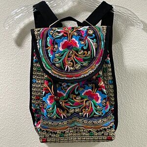 (NEW) EMBROIDERED BACKPACK BOHO Flap/Cinch Closure Embroidery on Black Canvas